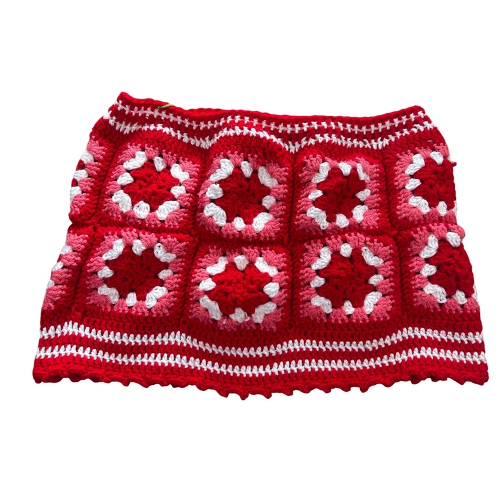 Handmade Crochet Granny Square Mini Skirt Red Pink‎ White Boho Festival Retro M